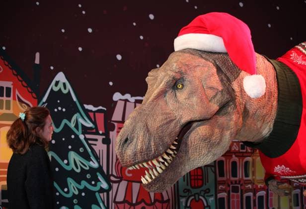 Christmas T-Rex London.UK. The Natural History Museum unveils their 2023 Christmas jumper as modelled by their giant animatronic T-Rex (Tyrannosaurus Rex). The jumper is available to buy in the www.nhmshop.co.uk. Visitors to the museum can now see the display in the Darwin Centre at the Natural History Museum. 7th November 2023. LMK11-S071123-001 