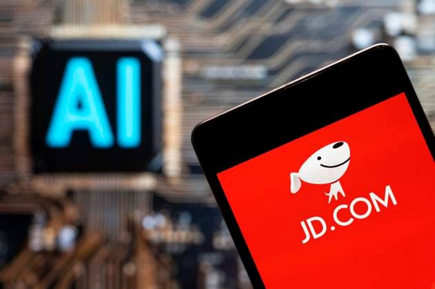 Logos displayed on smartphones in China - 10 Nov 2023 In this photo illustration, the Chinese e-commerce company JD.com (NASDAQ: JD) logo seen displayed on a smartphone with an Artificial intelligence (AI) chip and symbol in the background. China Copyright: xBudrulxChukrutx xSOPAxImagesx BC_2023StudioAI_3762