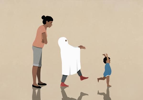 Mother watching daughter in ghost costume chasing baby brother  Copyright: MaltexMueller fStopImages2059074