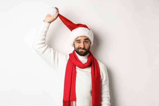 Christmas party and celebration concept. Sad guy taking-off Santa hat and grimacing, looking upset, standing against white background, bad New Year., model released, , 43827354.jpg, guy, male, man, christmas, new year, winter, lifestyle, party, celebration, background, fashion, handsome, attractive, person, face, studio, holiday, model, one, caucasian, casual, adult, people, isolated, portrait, trendy, happiness, excited, european, emotional, brunette, red, xmas, bearded, bristle, beautiful, shopping, advertisement, promo, event, cheerful, celebrating, emotion, white, scarf, copy space, upset, disappointed, sad, displeased RECORD DATE NOT STATED