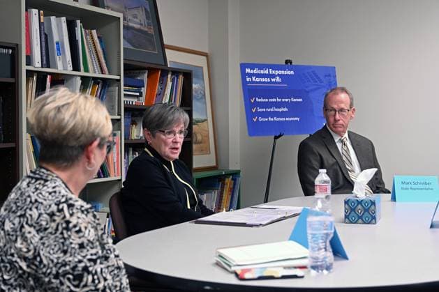 November 14, 2023, Emporia, Kansas, US: Flanked on the left by Desiree Straight the Family Childcare Owner and on the left by State Representative Mark Schreiber Kansas Governor Laura Kelly (D) heads a roundtable panel discussion on the urgent need for Medicaid expansion and the challenges on childcare and the states workforce during a stop at the Emporia Childcare Center Emporia US - ZUMAr142 20231114_zap_r142_005 Copyright: xMarkxReinsteinx