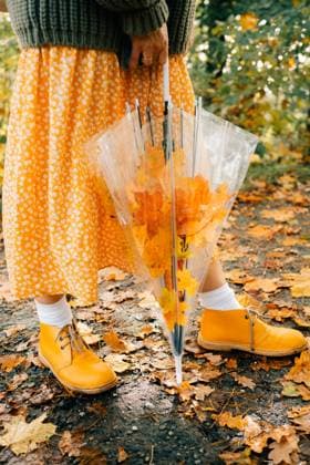 Creative Highlights Symbolbilder Autumn leaves in a transparent umbrella, yellow shoes of a young woman Doksy, Liberec Region, Czechia R_UJEL231114-1282578-01 ,model released, Symbolfoto