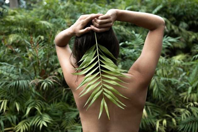 Creative Highlights Symbolbilder Rückenansicht Frau posiert mit Blatt *** Back view Woman poses with Sheet Copyright: imageBROKER/OleksandrxLatkun iblole09803890.jpg ,model released, Symbolfoto ,property released