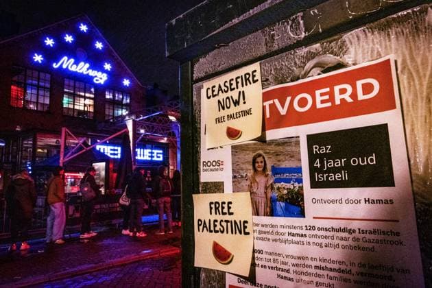 AMSTERDAM - Stickers of hostage Israeli children have been placed near the Melkweg. The Melkweg is hosting a benefit evening for child victims of war violence. The event raises money for the Save The Children organization, which now works for children in Israel and Gaza. ANP RAMON VAN FLYMEN netherlands out - belgium out  Copyright: xx x483963525x originalFilename: 483963525.jpg
