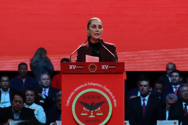 XV Congress of the Autonomous Confederation of Workers and Employees of Mexico November 15, 2023 in Mexico City, Mexico: The Transformation Defense Coordinator, Claudia Sheinbaum Pardo, speaks during the XV Congress of the Autonomous Confederation of Workers and Employees of Mexico (CATEM), at the Mexico City Arena. On November 15, 2023. In Mexico City. (Photo by Carlos Santiago Eyepix Group) Copyright: xCarlosxSantiagox xEyepixxGroupx CS202311158218
