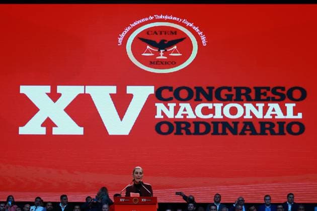 XV Congress of the Autonomous Confederation of Workers and Employees of Mexico November 15, 2023 in Mexico City, Mexico: The Transformation Defense Coordinator, Claudia Sheinbaum Pardo, speaks during the XV Congress of the Autonomous Confederation of Workers and Employees of Mexico (CATEM), at the Mexico City Arena. On November 15, 2023. In Mexico City. (Photo by Carlos Santiago Eyepix Group) Copyright: xCarlosxSantiagox xEyepixxGroupx CS202311158219
