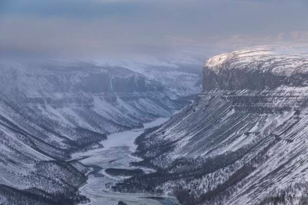 Alta Canyon and the Alta River from the Finnmark Plateau in winter, Finnmark Plateau, near Alta, Arctic Circle, Norway, Scandinavia, Europe Copyright: AlanxNovelli 1353-517 RECORD DATE NOT STATED