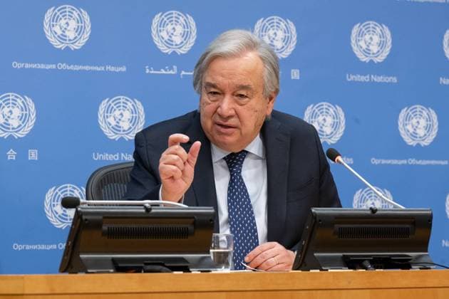 News Themen der Woche KW47 News Bilder des Tages (231120) -- UNITED NATIONS, Nov. 20, 2023 -- UN Secretary-General Antonio Guterres speaks at the launch of the Emissions Gap Report 2023 of the UN Environment Programme, at the UN headquarters in New York, on Nov. 20, 2023. Guterres on Monday called for record action from world leaders to tackle climate change. ( Handout via Xinhua) UN-GUTERRES-EMISSIONS GAP REPORT-LAUNCH EskinderxDebebe UNxPhoto 