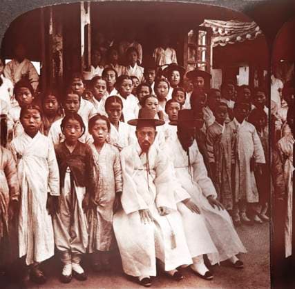 Group of Boys at Boys School, Married Boys Wearing Hats, Seoul, Korea, Single Image of Stereo Card, 1905  Copyright: xABxArchivex jtv002660