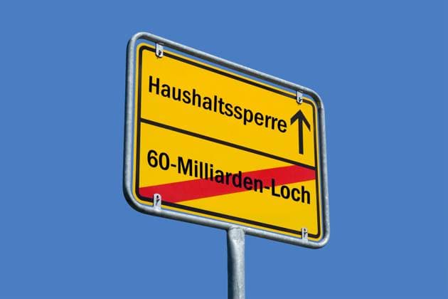 Ortsschild mit Haushaltssperre und 60-Milliarden-Loch Ortsschild mit Haushaltssperre und 60-Milliarden-Loch, 21.11.2023 Borkwalde, Brandenburg, In einem Ortsschild befinden sich die Schriftzüge Haushaltssperre und 60-Milliarden-Loch. *** Place name sign with budget freeze and 60 billion hole Place name sign with budget freeze and 60 billion hole, 21 11 2023 Borkwalde, Brandenburg, In a place name sign are the words budget freeze and 60 billion hole