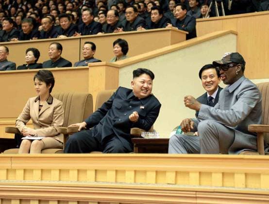 Kim Jong-un with Rodman Kim Jong-un with Rodman North Korean leader Kim Jong-un (C) talks to Dennis Rodman, former NBA star, while watching a friendly game between North Korean players and ex-NBA players at the Pyongyang Indoor Stadium in Pyongyang on Jan. 8, 2014. Rodman sang Happy Birthday to Kim at the start of the game. At left is Kim s wife Ri Sol-ju. (KCNA-Yonhap) 2014-01-09 09:42:11 < 1980-2014 YONHAPNEWS AGENCY. .> EDITORIAL USE ONLY  Copyright: xx PYH2014010900280031500 YonhapxNewsx yonphotos070420