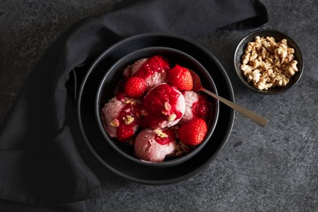 Studio shot of vegan ice cream with berry sauce and roasted oatmeal, EVGF04403