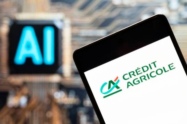 Logos displayed on smartphones in China - 03 Nov 2023 In this photo illustration, the French worlds largest cooperative financial institution Credit Agricole logo seen displayed on a smartphone with an Artificial intelligence (AI) chip and symbol in the background. China Copyright: xBudrulxChukrutx xSOPAxImagesx BC_2023StudioAI_4858