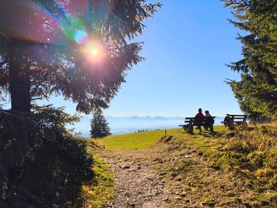 Hiker enjoy the weather at the Auerberg mountain in Stötten a. A. Bavaria, Allgäu, Germany, Nov 23, 2023.