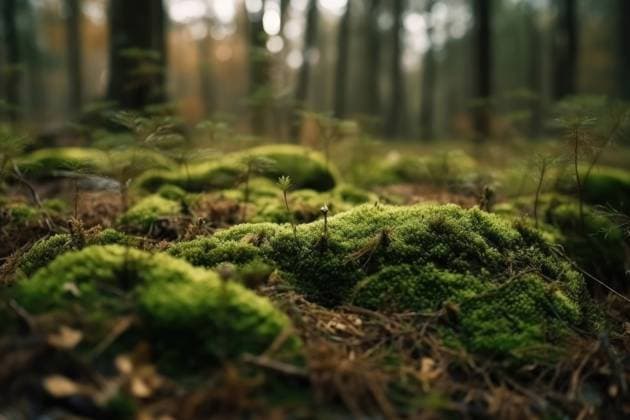 Nahaufnahme eines Waldbodens mit viel Moos und kleinen Ästen, erstellt mit generativer KI-Technologie *** Close-up one Forest soil with much Moss and small branches, created with generative KI Technology 1127112044
