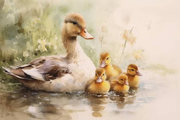 Aquarellmalerei von Entenküken und Mutter auf weißem Hintergrund *** Watercolour painting from Ducklings and Mother at white Background 1127113887