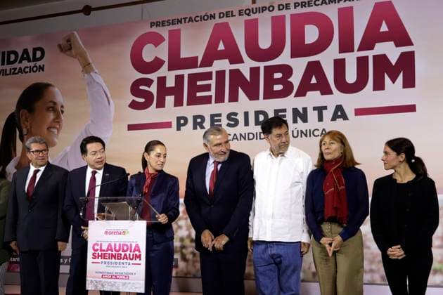 November 27, 2023, Mexico City, Mexico: The sole candidate for the presidency of Mexico for the coalition of the National Regeneration Movement parties, the Labor Party and the Green Party, Claudia Sheinbaum presented her team made up of Mario Delgado, Ricardo Monreal, Esthela Damian, Citlalli Hernandez, Tatiana Clouthier, Gerardo Fernandez Noroo±a, Regina Orozco, Renata Turrent, Jesus Valdes and Adan Augusto Lopez at the press conference at the Courtyard Revolucion Hotel in Mexico City. on November 27, 2023 in Mexico City, Mexico Mexico City Mexico - ZUMAe321 20231127_zia_e321_021 Copyright: xLuisxBarronx