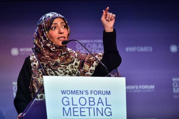 News Themen der Woche KW48 News Bilder des Tages Women s Forum Global Meeting - Paris Nobel Peace Prize Laureate and Founder of Tawakkol Karman Foundation, Tawakkol Karman speaks during the Women s Forum Global Meeting 2023 at the Palais Brongniart in Paris, France on November 28, 2023. Photo by Firas Abdullah ABACAPRESS.COM Paris Ile-de-France France  Copyright: xAbdullahxFiras ABACAx