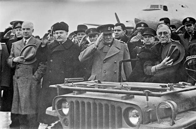 1941-1945 Great Patriotic War 8570361 04.02.1945 Great Patriotic War, 1941-1945. Yalta Conference of the leaders of the three countries of the anti-Hitler coalition of the USSR, USA and Great Britain (February 4-11, 1945), dedicated to the establishment of the post-war world order. Meeting of the heads of allied countries at the Saki military airfield near Simferopol. People s Commissar for Foreign Affairs of the USSR Vyacheslav Molotov (second left), British Prime Minister Winston Churchill (second right) and US President Franklin Roosevelt (ninth right) during the performance of national anthems at Saki airport. Alexey Simferopol Republic of Crimea Russia  Copyright: xAlexeyx