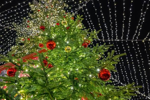 Weihnachtskugeln unter dem Lichterzelt - Der Weihnachtsmarkt am Kölner Dom auf dem Roncalliplatz gehört zu den schönsten in Deutschland und ist vom 23. November bis 23. Dezember geöffnet. Besucher finden hier über 130 festlich geschmückte Stände mit Kunsthandwerk, Geschenken und Gastronomie 30.11.2023 Köln Innenstadt NRW Deutschland