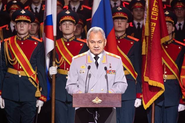 News Themen der Woche KW48 News Bilder des Tages RUSSIA, MOSCOW - DECEMBER 1, 2023: Russia s Defence Minister Sergei Shoigu speaks during a concert marking the centenary of the foundation of the Krasnaya Zvezda newspaper and publishing house at the Central Academic Theatre of the Russian Army. Dmitry Kharichkov Russian Defence Ministry Press Office TASS  65399739