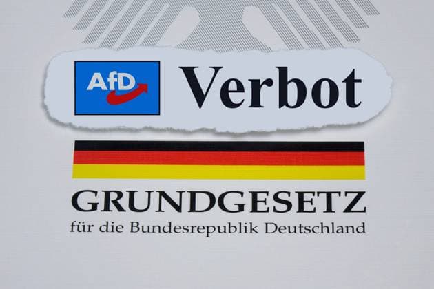 AfD-Verbot AfD-Verbot, 04.12.2023, Borkwalde, Brandenburg, Der Schriftug Verbot befindet sich mit dem AfD-Logo auf einem Grundgesetz. *** AfD ban AfD ban, 04 12 2023, Borkwalde, Brandenburg, The font ban is located with the AfD logo on a basic law