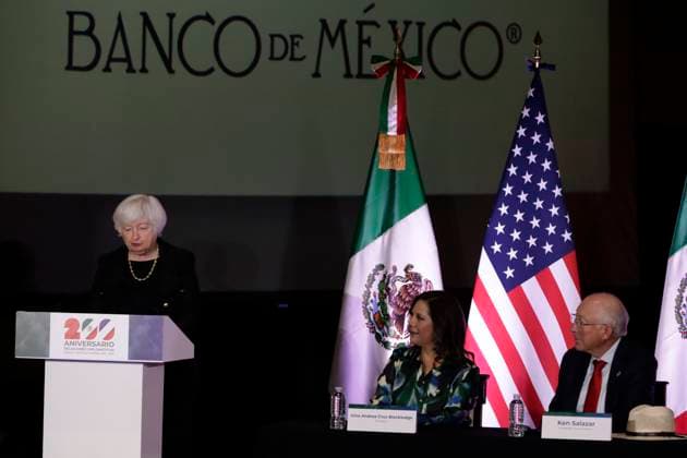 December 6, 2023, Mexico City, Mexico: United States Secretary of the Treasury, Janet Yellen with the US Ambassador, Ken Salazar and the Senator of Mexico, Gina Cruz Blackledge at the presentation of the commemorative coin of 200 years of Diplomatic Relations Mexico - United States in ceremony at the Interactive Museum of Economy in Mexico City on December 6, 2023 in Mexico City, Mexico Mexico City Mexico - ZUMAe321 20231206_zia_e321_034 Copyright: xLuisxBarronx