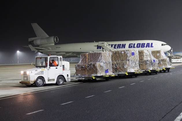 Illustration picture shows the departure of an aircraft with humanitarian aid goods for the Gaza strip, from the regional airport of Oostende, Thursday 07 December 2023. The aircraft takes the goods to Egypt, from where trucks drive the aid to Gaza.  KURTxDESPLENTER 81692789