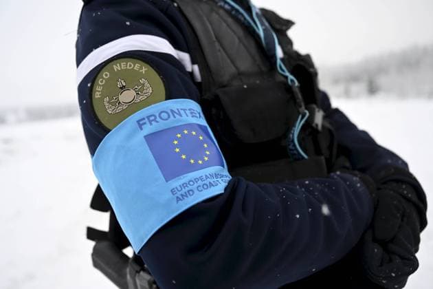 Frontex and EU logos on an uniform during a joint briefing of Frontex and the Finnish Border Guard on the eastern border at the Vaalimaa border station in Virolahti, Finland, on December 7, 2023. Virolahti Finland  Copyright: xMarkkuxUlanderx LKFTJ20231207134052NNYW