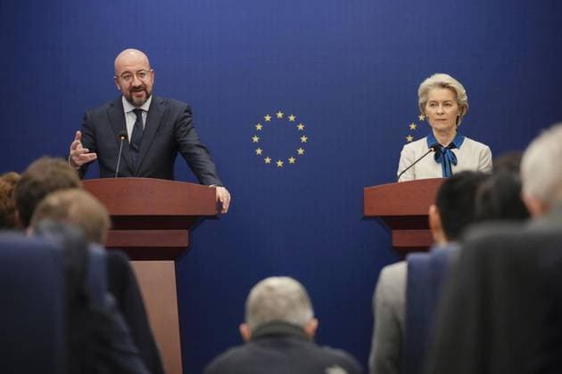 EU leaders in Beijing European Council President Charles Michel (L) and European Commission President Ursula von der Leyen attend a joint press conference after holding talks with Chinese President Xi Jinping in Beijing on Dec. 7, 2023.  A14AA0002213277P