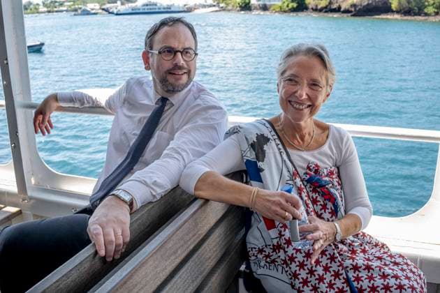 Elisabeth Borne on Visit in Mayotte Health Minister Aurelien Rousseau and French Prime Minister Elisabeth Borne, dressed in a traditional costume, sit onboard a boat on her way to take part in a signature ceremony with the President of the Departmental Council of Mayotte on a financial agreement between French State and the Department at the Departemental Council of Mayotte in Mamoudzou, during her one-day visit on the French Indian Ocean island of Mayotte, on December 8, 2023. French Prime Minister travels to Mayotte on December 8, 2023 to make announcements on water, housing and health in French poorest department, which faces severe drought, migratory pressure from neighboring Comoros and growing insecurity. Photo by David Lemor ABACAPRE  Copyright: xLemorxDavid ABACAx