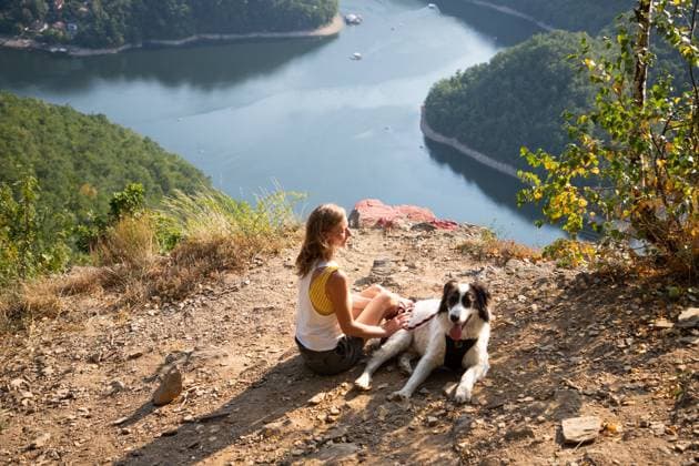 woman and dog on mountain top overlooking a lake woman and dog on mountain top overlooking a lake ,model released, Symbolfoto Copyright: xZoonar.com MelindaxNagyx 20707024 ,model released, Symbolfoto ,property released