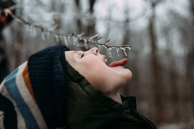 Close up of boy licking icicles in forest during winter McClure, Illinois, United States CR_WEKW231208-1301933-01 ,model released, Symbolfoto