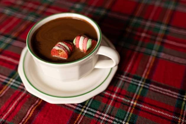 hot chocolate with marshmallows on Christmas tablecloth Somerville, New Jersey, United States R_PUNF231210-1301269-01