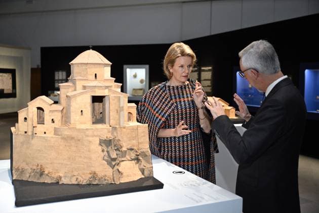 Queen Mathilde of Belgium pictured during a royal visit to the exhibition Georgia: a story of encounters , as part of the Europalia 2023 art festival, at the Jubelpark Cinquantenaire, in Brussel, Tuesday 12 December 2023. This year s Europalia focuses on the 1900-1936 avant-garde movement in Georgia.  ERICxLALMAND 82168919