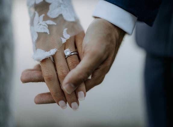 Man and woman just married with diamond ring and lace holding hands Maine, Maine, United States R_SSNF231212-1300092-01