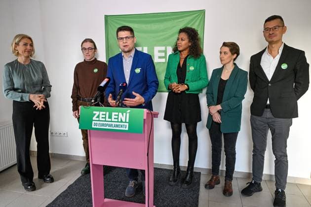 ***CAPTION CORRECTION: CORRECTED NAME OF MR. DOUBRAVSKY*** Green Party gives press conference to present its candidates running for European Parliament in Prague, Czech Republic, December 13, 2023. From left Green Party co-chair Magdalena Davis, environmental activist Petr Doubravsky, co-chairman of the Green Party Michal Berg, director of the Konsent NGO Johanna Nejedlova, senior lawyer at Organization for Aid to Refugees (OPU) Zuzana Pavelkova and architect Osamu Okamura. (CTKxPhoto VitxSimanek) CTKPhotoP2023121303545  CTKPhotoP2023121303545