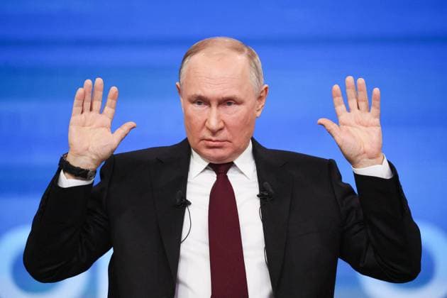 RUSSIA, MOSCOW - DECEMBER 14, 2023: Russia s President Vladimir Putin speaks at an annual national live televised question-and-answer session and press conference at Gostiny Dvor. Sergei Bobylev TASS  65747653