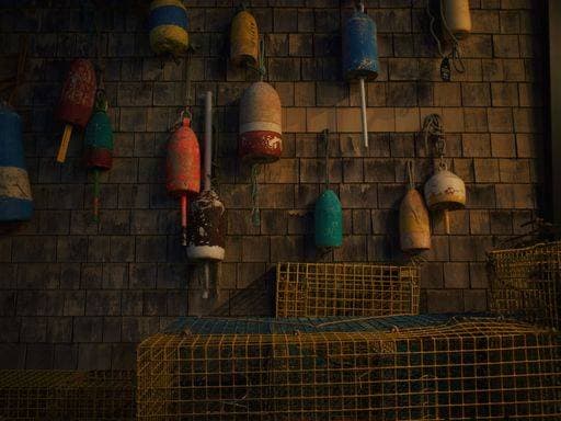 RECORD DATE NOT STATED A wall of a fishermans house adorned with hanging lobster floats in Portland, Maine 22190868