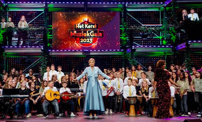 14-12-2023 Bussum Queen Maxima at the recordings for the Christmas Music Gala 2023 of the More Music in the Classroom foundation, recorded and broadcast by AVROTROS. Â  Copyright: xPPEx