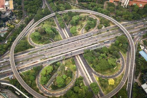 An aerial view of the traffic on a multilane road in Jakarta, Indonesia 22314464 RECORD DATE NOT STATED