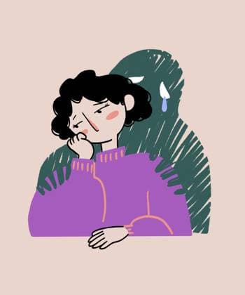 Lonely cartoon woman in sweater expressing sadness Illustration of sad female with black wavy hair in purple sweater leaning on hand while invisible creature crying and hugging from behind on beige background Model Released Mia_ID17015_518790_012 Copyright: xMiax RECORD DATE NOT STATED