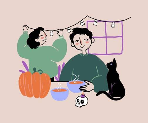 Cartoon couple decorating house for Halloween Illustration of woman hanging spooky ghost garland above window while man sitting near black cat and pumpkin drinking hot beverage during Halloween holiday Model Released Mia_ID17015_518796_018 Copyright: xMiax RECORD DATE NOT STATED