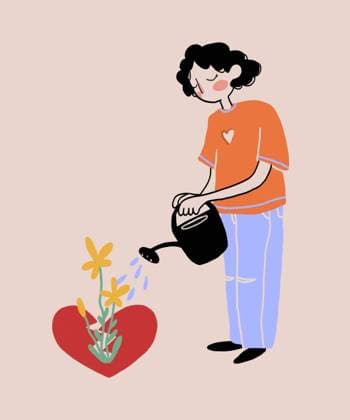 Cartoon woman pouring flowers inside broken heart Illustration of female in casual outfit pouring water from watering can on yellow flowers growing inside broken heart concept of healing after breakup Model Released Mia_ID17015_518797_019 Copyright: xMiax RECORD DATE NOT STATED