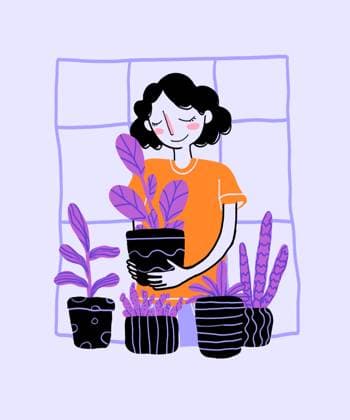Creative Highlights Symbolbilder Cartoon woman taking care of plants Illustration of smiling female in orange t shirt with curly hair holding potted plant while taking care of it against purple background Model Released Mia_ID17015_518806_028 Copyright: xMiax RECORD DATE NOT STATED