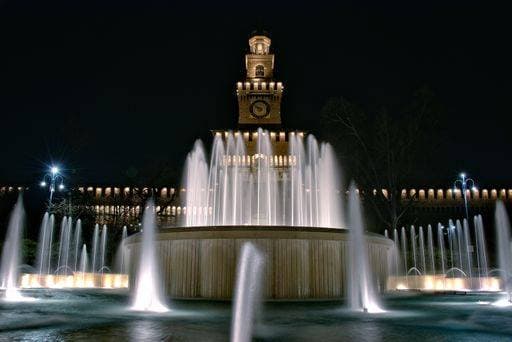 A horizontal shot of a beautiful fountain at nighttime in Milan, Italy 67762 RECORD DATE NOT STATED