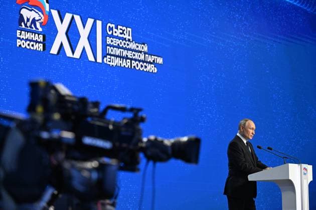 News Themen der Woche KW50 Russia United Russia Party Convention 8583900 17.12.2023 Russian President Vladimir Putin delivers a speech during the plenary session at the 21st congress of the United Russia Party at the Russia Expo international exhibition and forum at the VDNKh exhibition centre, in Moscow, Russia. Pavel Bednyakov Sputnik Moscow Russia  Copyright: xPavelxBednyakovx