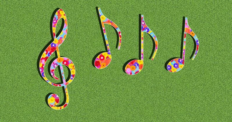 Grafik mit Notenschlüssel und Noten als Symbol für Musik mit farbenfrohen Blumen auf grünem Hintergrund im Sonnenlicht mit Schlagschatten *** Graphic with Clef and Sheet music as symbol for Music with colorful Flowers at green Background at Sunlight with Drop Shadows Copyright: imageBROKER Dirkxv.xMallinckrodt ibldvm09942403.jpg