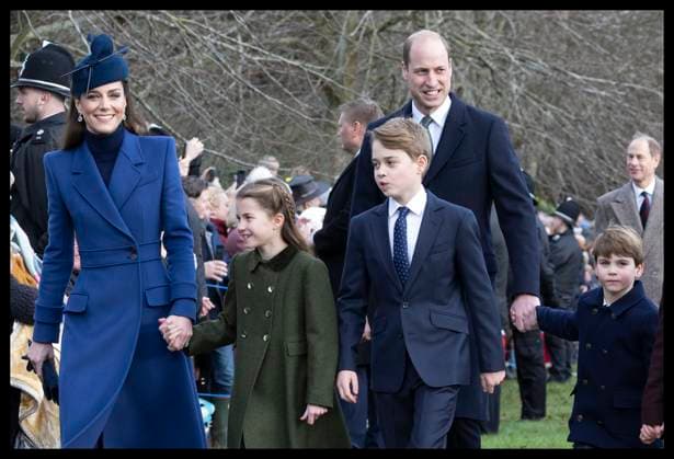 . 25 12 2023. Sandringham , United Kingdom. Prince William, Kate Middleton, the Prince and Princess of Wales, and their children Prince George, Princess Charlotte and Prince Louis arriving at the Christmas Day church service in Sandringham, United Kingdom. Picture by Stephen Lock i-Images  xStephenxLockx xi-Imagesx IIM-24899-0023