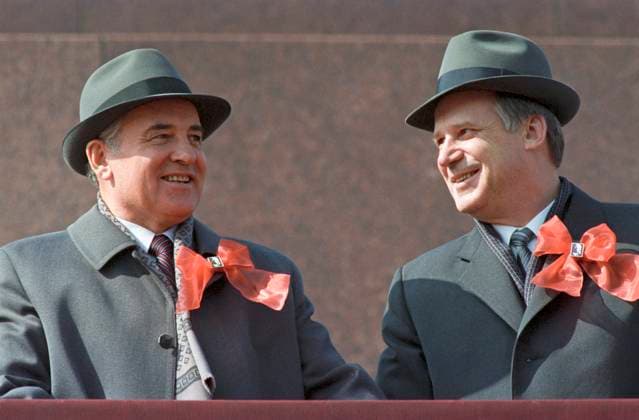 May Day demonstration 8586096 01.05.1987 From left: General Secretary of the Central Committee of the CPSU Mikhail Gorbachev and Chairman of the Council of Ministers of the USSR Nikolai Ryzhkov on the podium of the Mausoleum of V.I. Lenin during the 1987 May Day demonstration on Red Square in Moscow. Yuryi Abramochkin Moscow Russia  Copyright: xYuryixAbramochkinx